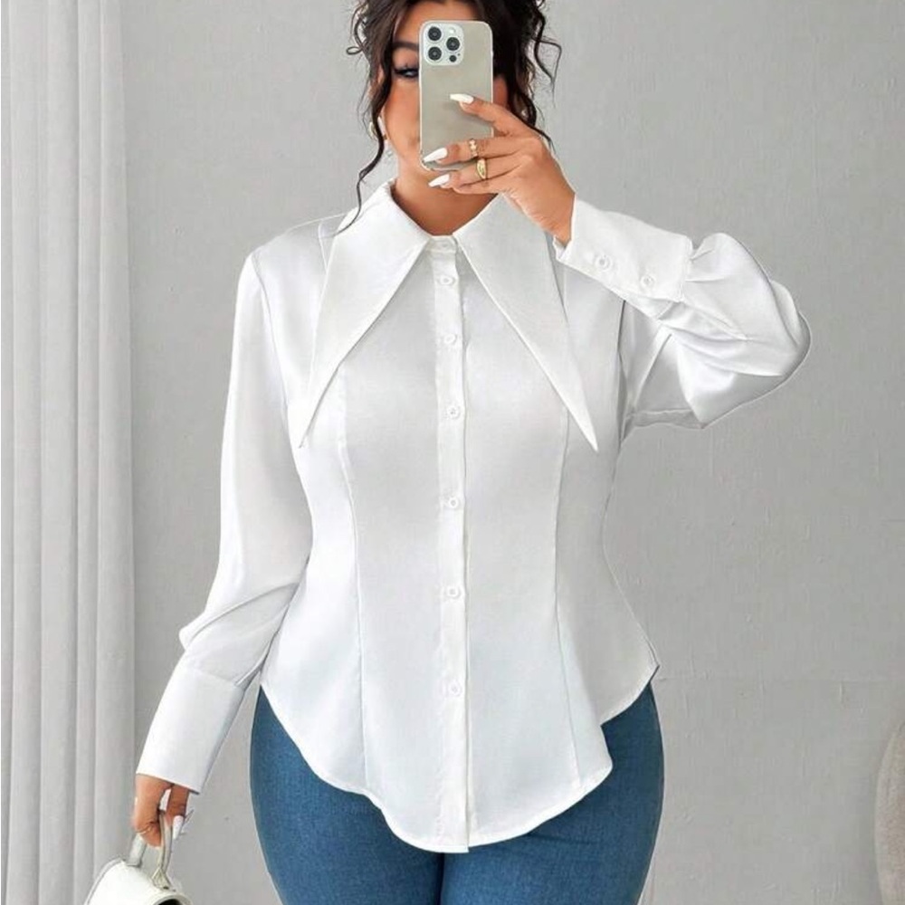 Plus Size Elegant White Women Top Blouse Button Down Up Shirt